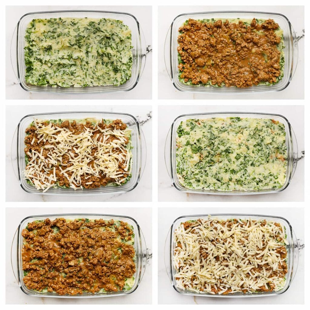 Verdeel de helft van het aardappel-spinaziemengsel over de bodem van een ovenschaal. Schep hier de helft van het gehaktmengsel over en strooi er wat geraspte kaas overheen. Herhaal deze laagjes met de rest van de aardappels, het gehaktmengsel en nog wat geraspte kaas.