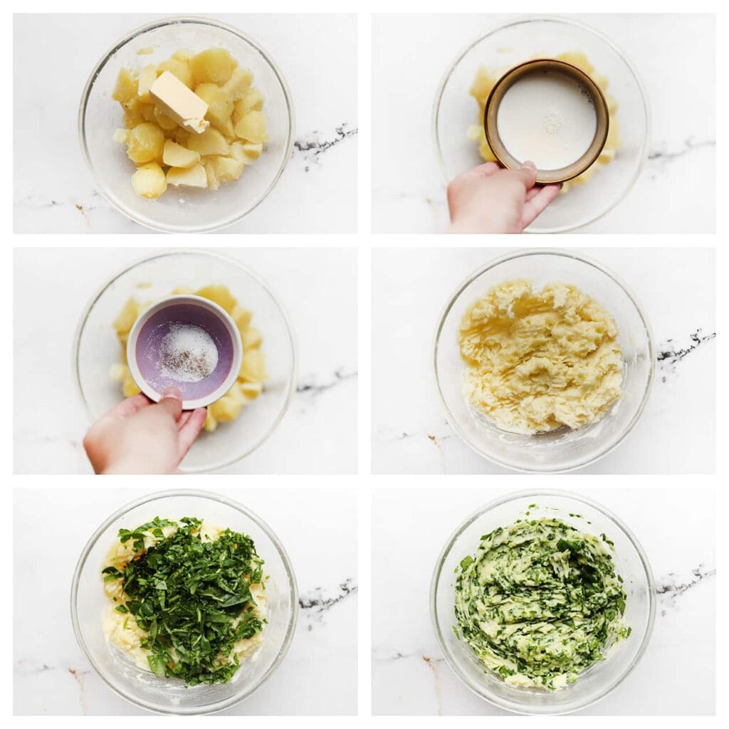 Voeg roomboter, melk, zout en zwarte peper toe aan de uitgelekte aardappels. Stamp of prak de aardappels fijn en roer de gehakte spinazie erdoor.