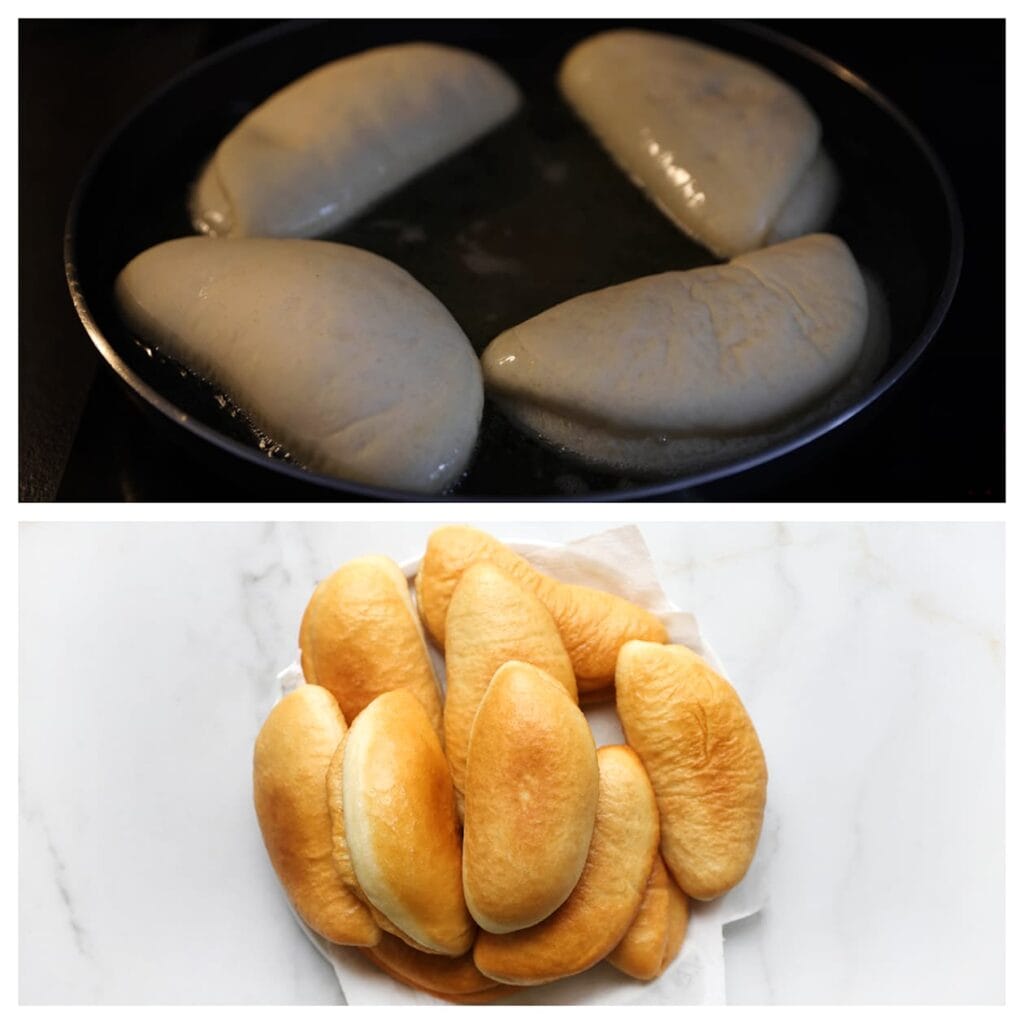 Verhit een laagje zonnebloemolie (ongeveer 2 cm) in een koekenpan op middelhoog vuur (175 &deg;C). Bak de broodjes aan beide kanten goudbruin.