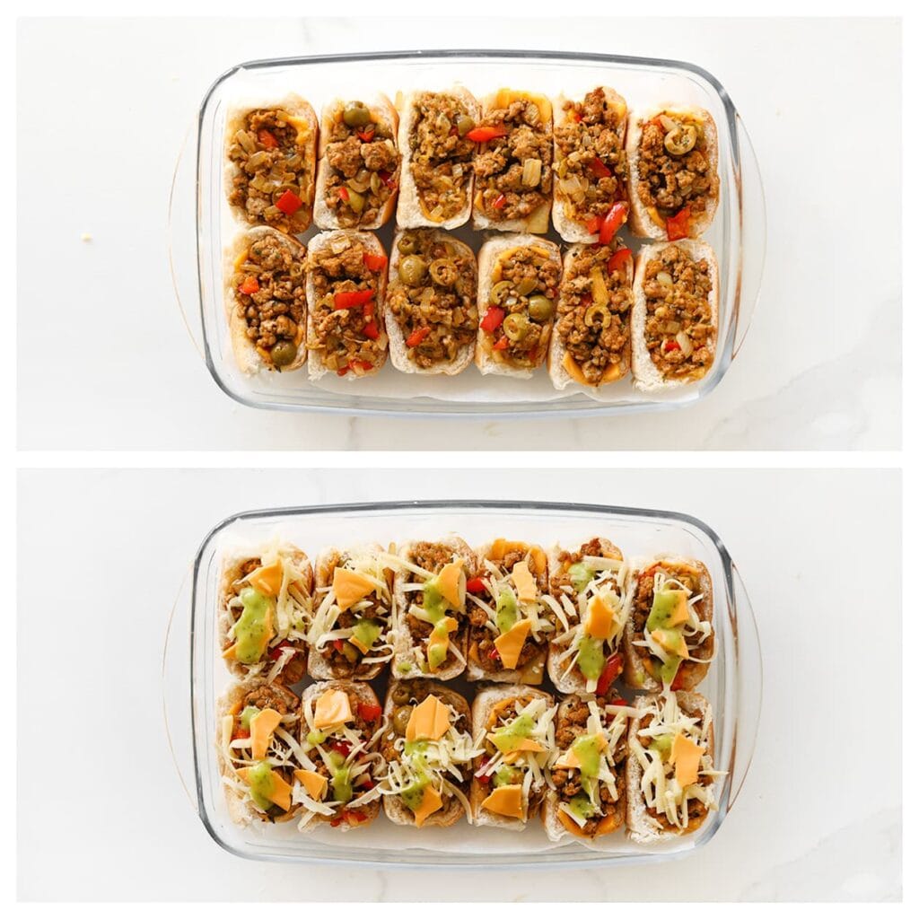 Leg de gevulde broodjes op een ovenschaal en strooi naar wens extra kaas over de bovenkant.