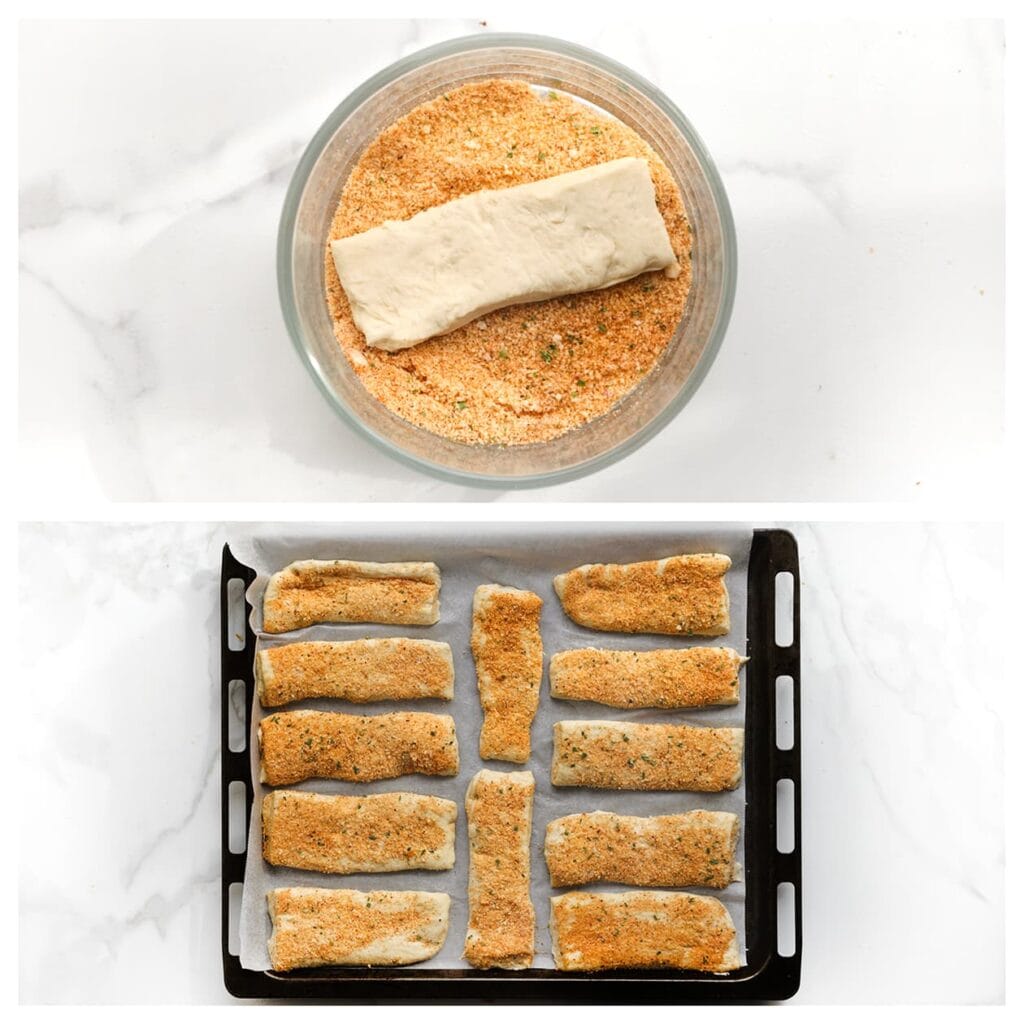 Haal het deeg vervolgens door het Parmezaanse mengsel. Leg de stukken deeg op een met bakpapier beklede bakplaat.