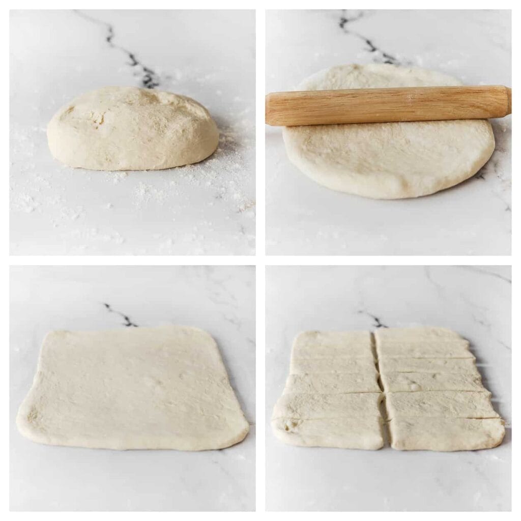 Druk de lucht uit het deeg en leg het op een met bloem bestoven werkvlak. Rol het deeg uit tot een rechthoekige lap en verdeel het in 12 gelijke stukken.