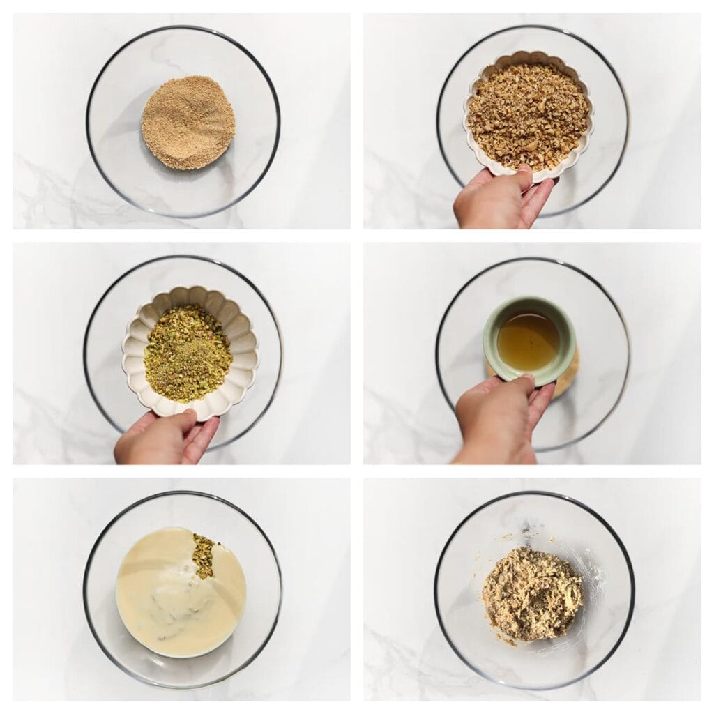 Doe de fijngemalen mariakoekjes samen met de walnoten, pistachenoten, honing en gecondenseerde melk in een diepe kom. Meng alles tot een geheel.