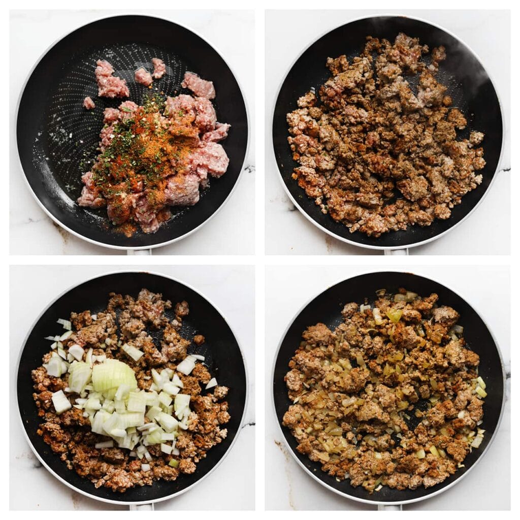 Verhit in een koekenpan de roomboter en olijfolie op middelhoog vuur. Voeg het gehakt toe samen met ras el kouzina, cayennepeper, uienpoeder, komijnpoeder en gedroogde peterselie. Bak kort mee en voeg de gesnipperde ui en het verkruimelde bouillonblokje toe. Bak het geheel 6-7 minuten.