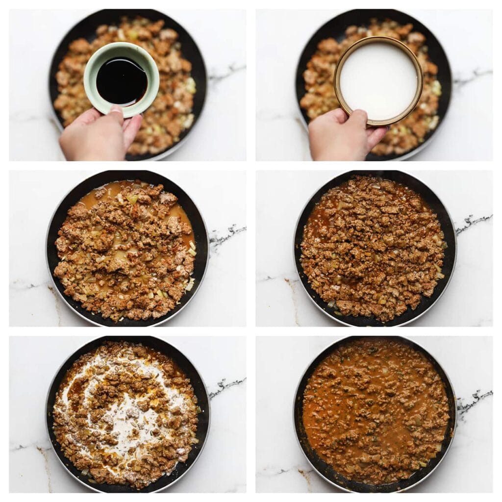 Voeg de ketjap manis en het maïzenamengsel toe aan het gehaktmengsel en laat het geheel even doorkoken. Roer de ongeklopte slagroom erdoor en laat het 5-7 minuten koken totdat de saus is ingedikt.