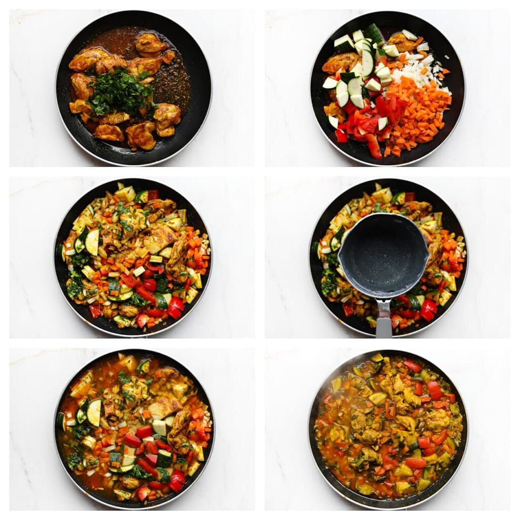 Voeg de peterselie, ui, courgette, wortel en paprika toe. Meng goed en bak 1 minuut. Voeg vervolgens 550 ml water toe en breng het aan de kook. Zet daarna het vuur laag en laat het, afgedekt, 30 minuten sudderen.