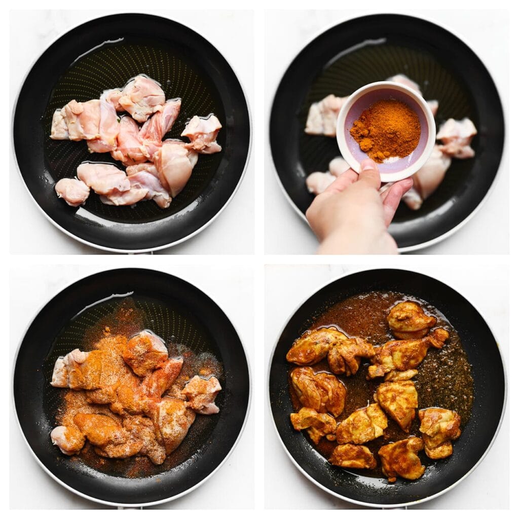 Verhit ondertussen 50 ml olijfolie in een koekenpan op middelhoog vuur. Voeg de stukken kippendijen, zout, ras el hanout, knoflookpoeder en cayennepeper toe. Bak 2 minuten.