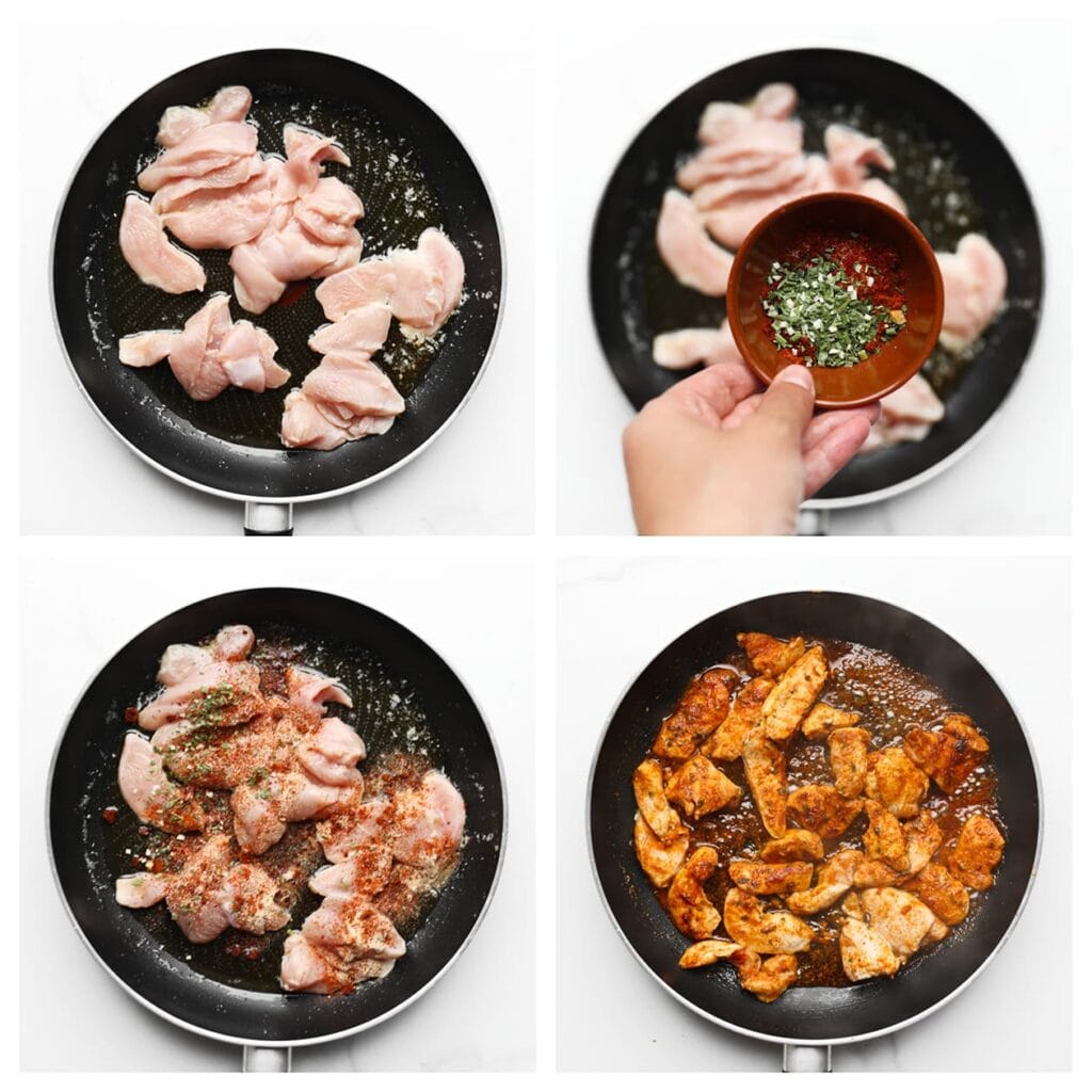 Verhit 35 ml olie van de zongedroogde tomaten in een koekenpan op middelhoog vuur. Voeg de stukjes kippendij, zout, cayennepeper, uienpoeder, knoflookpoeder, paprikapoeder en 0,5 g gedroogde peterselie toe. Bak 4 minuten.