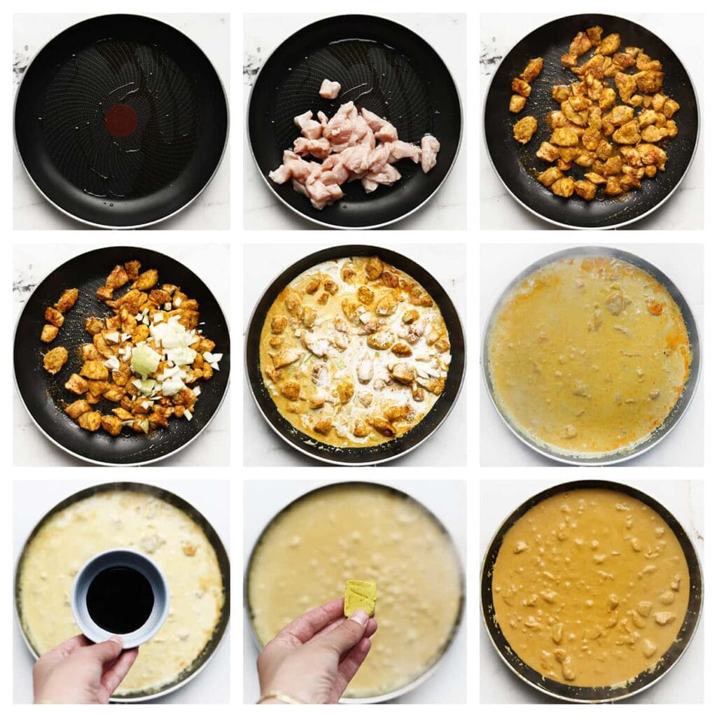 Verhit de olijfolie in een grote koekenpan op middelhoog vuur. Voeg de kippendijen toe, samen met de cayennepeper, currypoeder, komijnpoeder, zwarte peper en knoflookpoeder. Bak de kip 3-4 minuten aan tot het begint te kleuren. Voeg de fijngesneden gele ui toe en bak deze 2-3 minuten mee tot de ui zacht is. Schenk vervolgens de kokosmelk erbij en laat het geheel 20 minuten op laag vuur sudderen, totdat de saus is ingedikt.