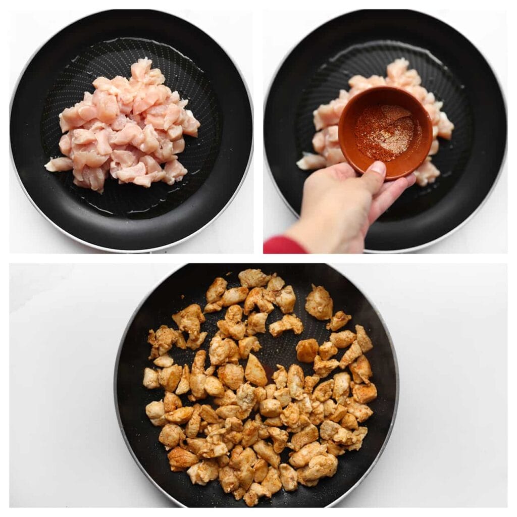 Verhit ondertussen de olijfolie in een koekenpan op middelhoog vuur. Voeg de kip, zout, knoflookpoeder, uienpoeder en cayennepeper toe. Bak de kip in 5-6 minuten gaar.