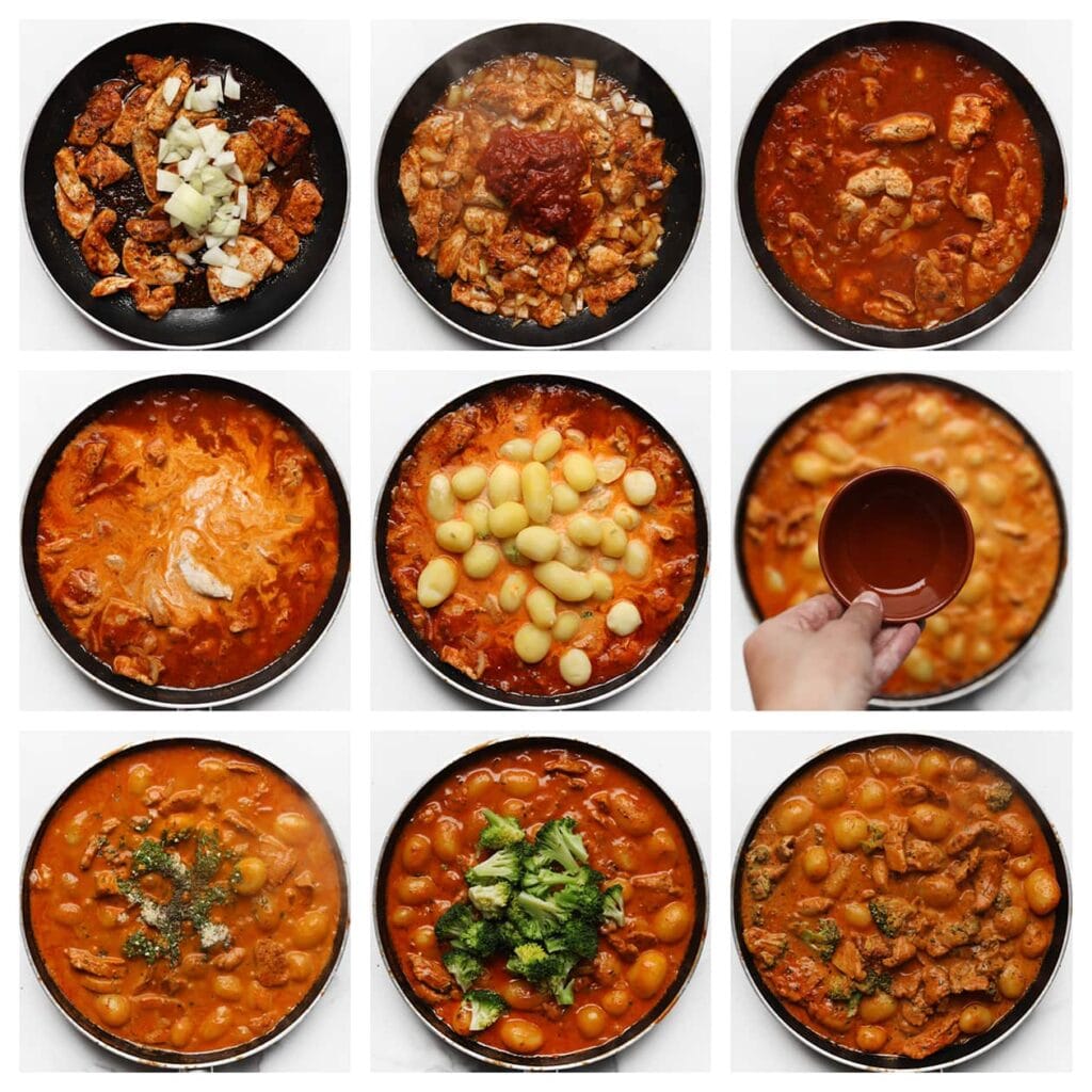 Voeg de gesnipperde gele ui toe en bak nog 2-3 minuten mee. Voeg daarna de tomatensaus, 100 ml water, de ongeklopte slagroom en de krieltjes toe. Laat 5-6 minuten zachtjes koken. Roer de honing en de resterende 0,5 g gedroogde peterselie erdoor, en verkruimel het kippenbouillonblokje boven de pan. Voeg de helft van de broccoli toe en laat 2-3 minuten meekoken.