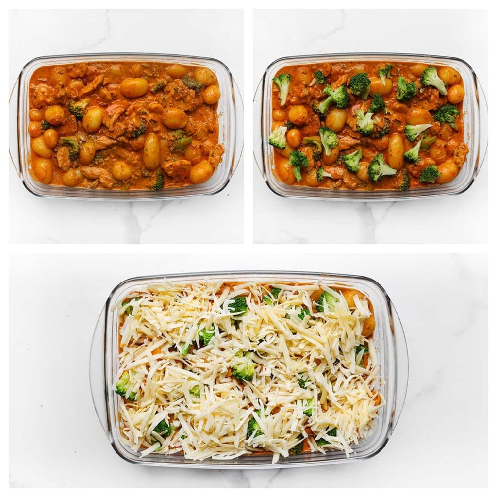 Verdeel de krieltjes en saus over een ovenschaal en leg de rest van de broccoli erbovenop. Bestrooi met geraspte kaas.