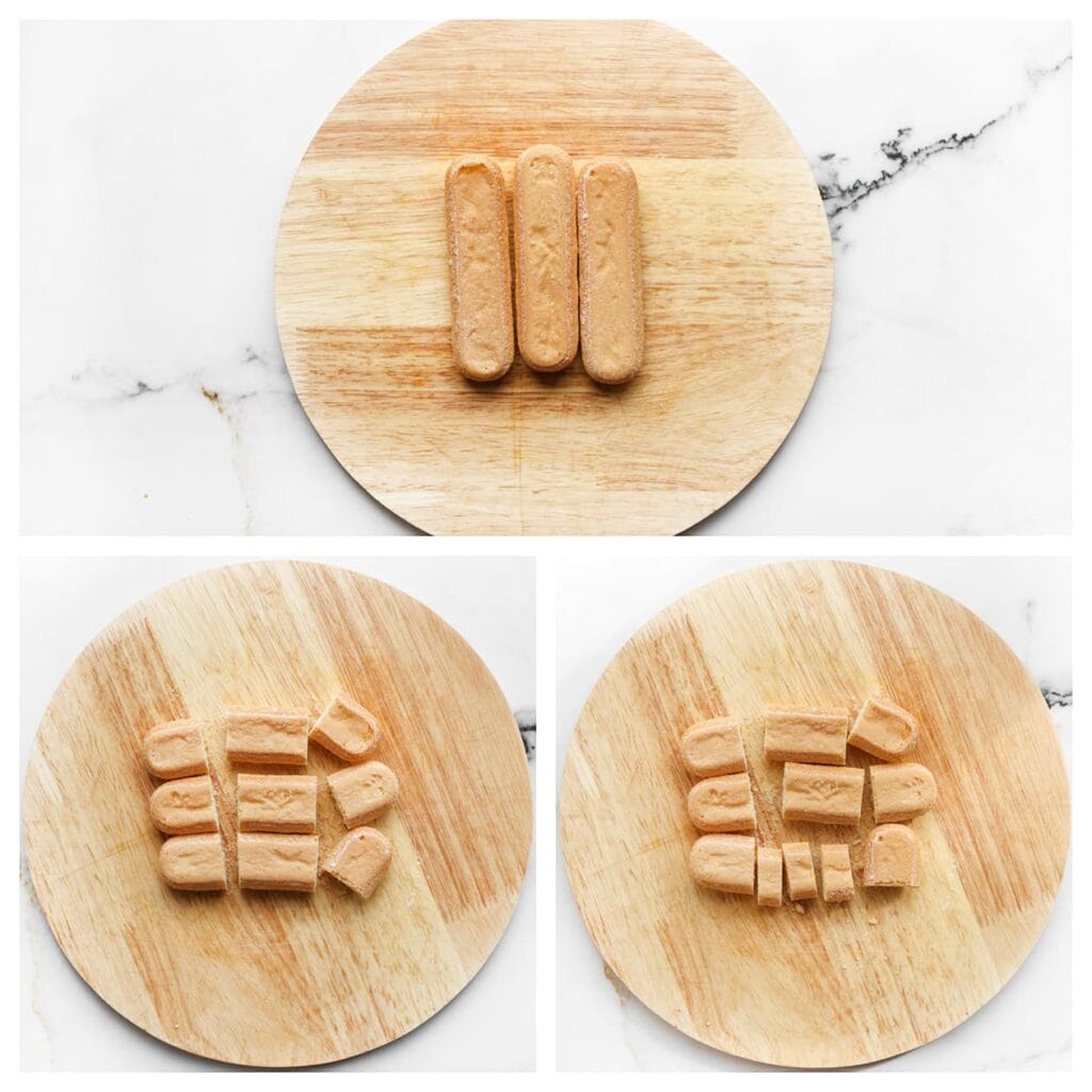 Snijd de lange vingers in drieën. Neem vervolgens een stukje en verdeel dit opnieuw in drie kleinere stukken voor de onderlaag van het dessert. Herhaal dit proces totdat je genoeg stukjes hebt.