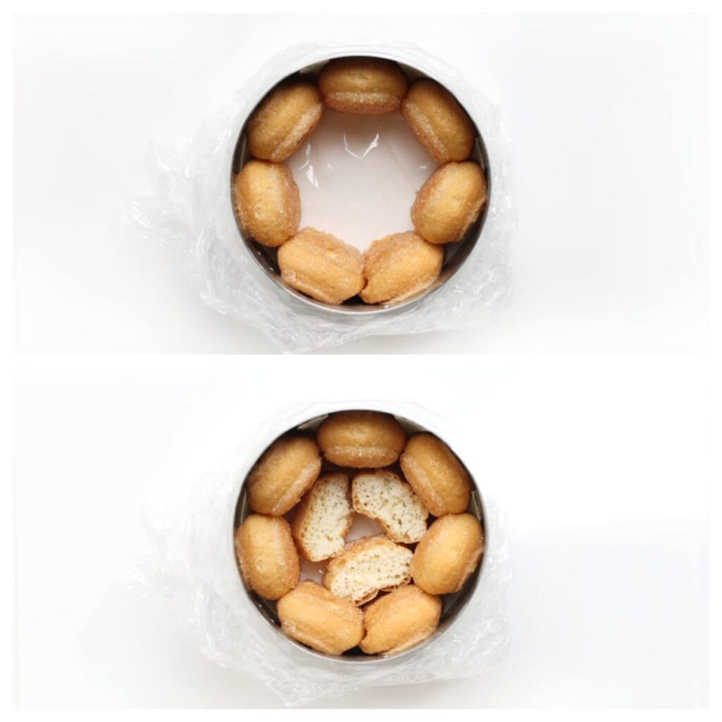 Bekleed de onderkant van een bakring met huishoudfolie en plaats deze op een bord of onderzetter. Zet de lange vingers langs de randen van de bakring en bedek de bodem met de kleinere stukjes.