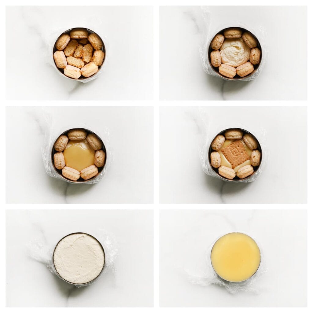 Vul de bakring met lagen: spuit eerst een laag room op de bodem, gevolgd door een laag witte chocoladeganache en een stukje kokoskoek. Voeg vervolgens weer een laag room toe. Zorg ervoor dat je ruimte overlaat voor de laatste laag ganache bovenop. Strijk de bovenkant glad en spuit een dunne laag ganache over het dessert.