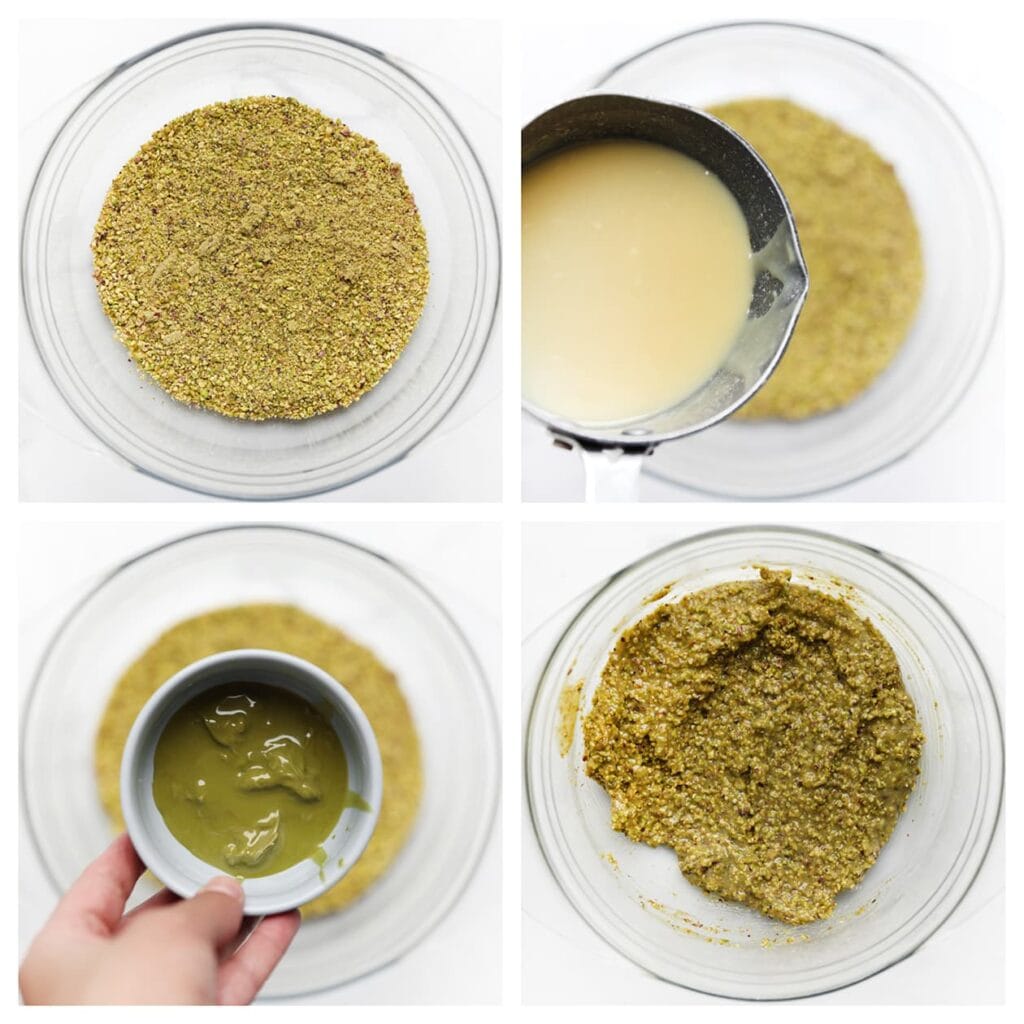 Meng de fijngehakte pistachenoten, gesmolten witte chocolade en pistachepasta in een kom tot een glad mengsel.