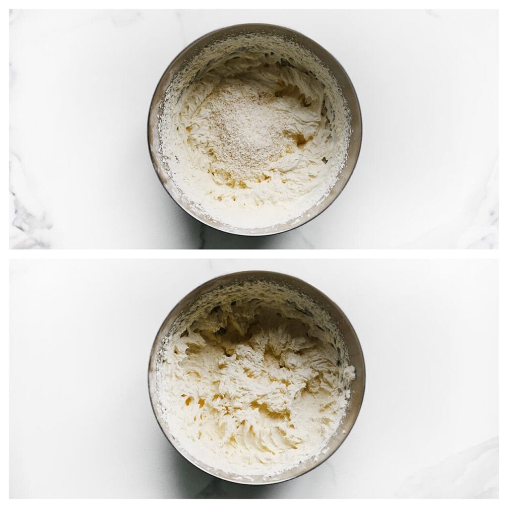 Voeg daarna de geraspte kokos toe en mix kort door tot alles goed gemengd is.