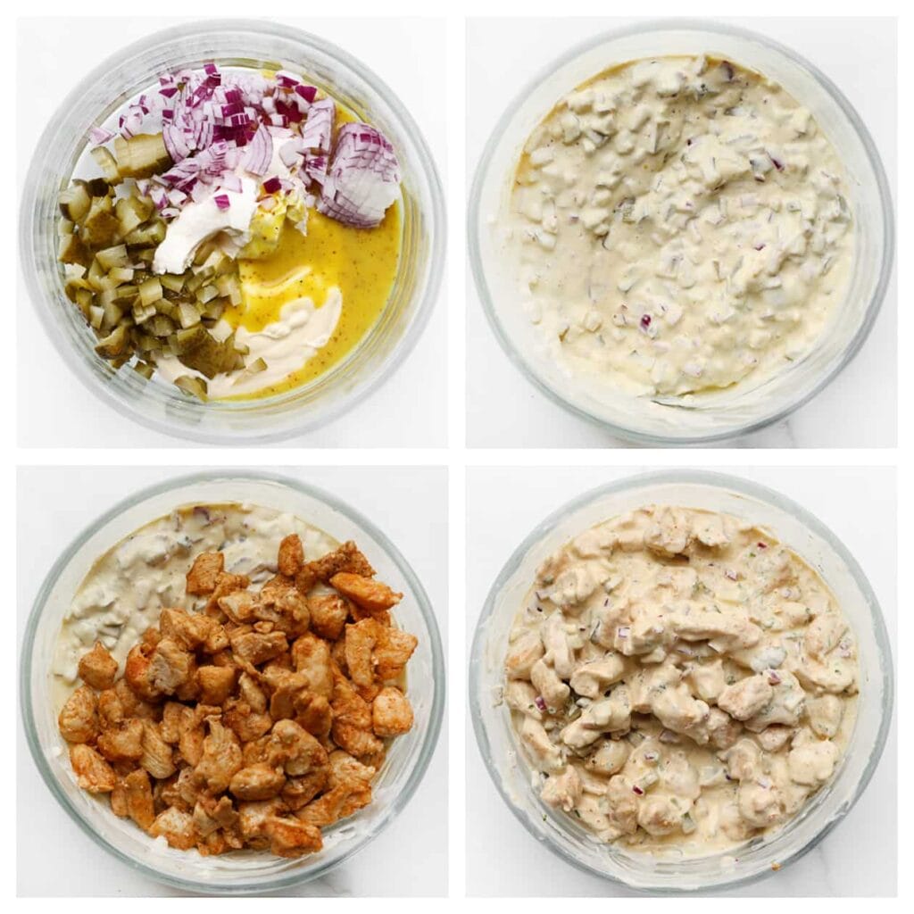 Meng in een kom de gehakte augurk, gesnipperde rode ui, mayonaise, cr&egrave;me fra&icirc;che en mosterd. Voeg de gebakken kip toe en meng alles goed door elkaar.