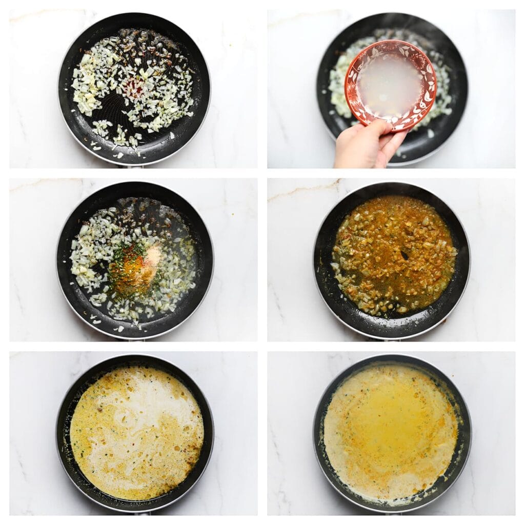 Verhit de olijfolie en roomboter in een koekenpan op middelhoog vuur. Voeg de gesnipperde gele ui toe en bak 3-4 minuten. Voeg het pastawater, uienpoeder, knoflookpoeder, de cayennepeper, currypoeder en gedroogde peterselie toe. Meng goed. Voeg nu de ongeklopte slagroom toe en kook 5-7 minuten of tot de saus is ingedikt.