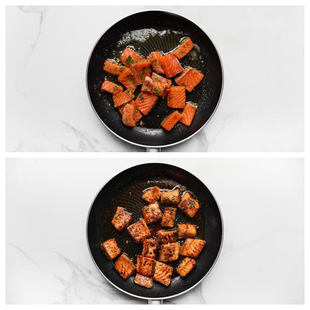 Verhit de roomboter en olijfolie in een koekenpan op middelhoog-laag vuur. Bak de zalm ongeveer 3-4 minuten per kant, afhankelijk van de dikte. De zalm is klaar wanneer hij lichtroze en net niet meer doorschijnend is van binnen, en makkelijk uit elkaar valt met een vork.