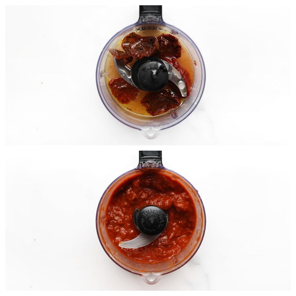 Maal de zongedroogde tomaten, 50 ml water en de tomatenpuree fijn in een hakmolen.