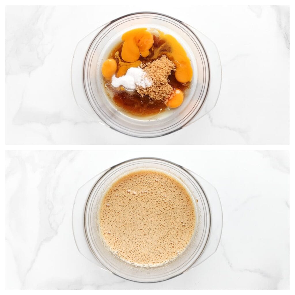 Breek de eieren boven een grote kom. Voeg de bruine basterdsuiker, vanillesuiker en het zout toe. Klop dit met een mixer tot het mengsel luchtig is.