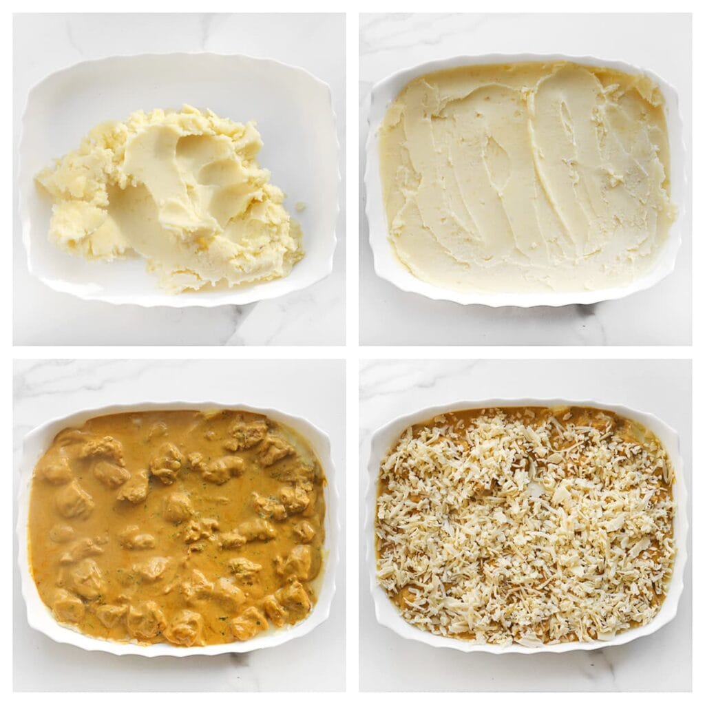 Schep de aardappelpuree gelijkmatig in een ovenschaal. Verdeel het kipmengsel hierover. Strooi de geraspte kaas als topping over de schotel. Zet de ovenschotel in een voorverwarmde oven op 200 &deg;C (boven- en onderwarmte). Bak 10-15 minuten, of tot de kaas goudbruin en gesmolten is.