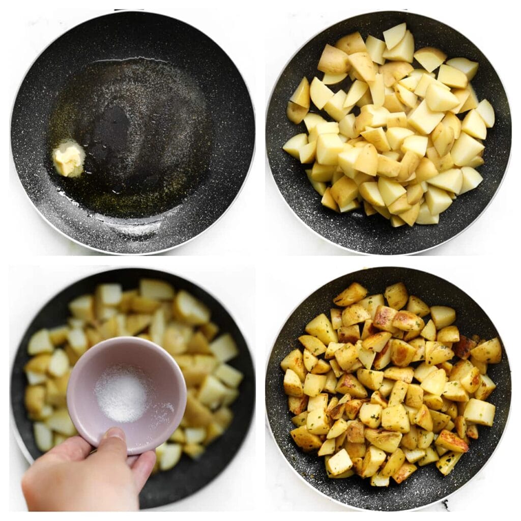 Verhit olijfolie en roomboter in een koekenpan op middelhoog vuur. Voeg de overige aardappels toe met zout, zwarte peper en gedroogde bieslook. Bak tot ze goudbruin zijn.