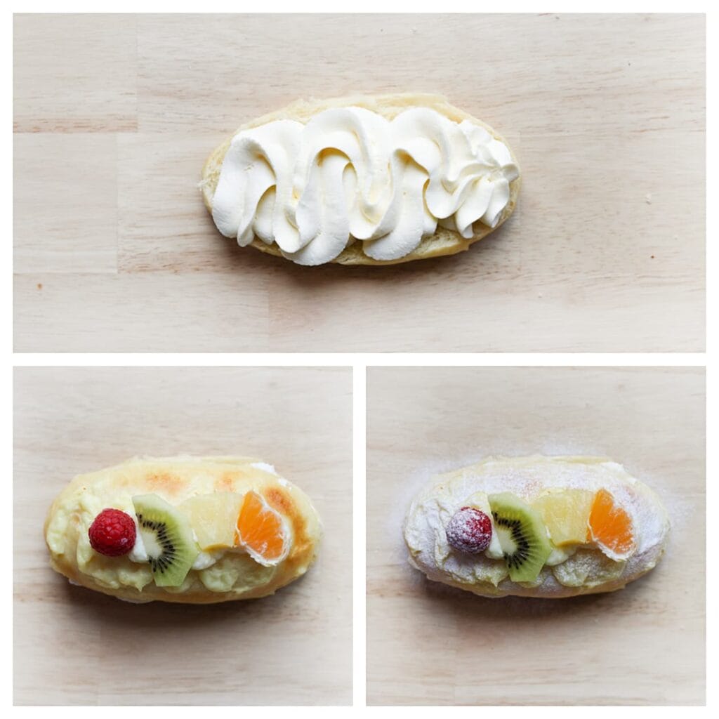 Snijd elk broodje horizontaal doormidden. Spuit een laag room op de onderste helft en leg de bovenste helft er weer op. Garneer de bovenkant met een dun laagje honing of vanillepudding om het fruit te laten plakken. Voeg fruit naar keuze toe en bestrooi met poedersuiker.