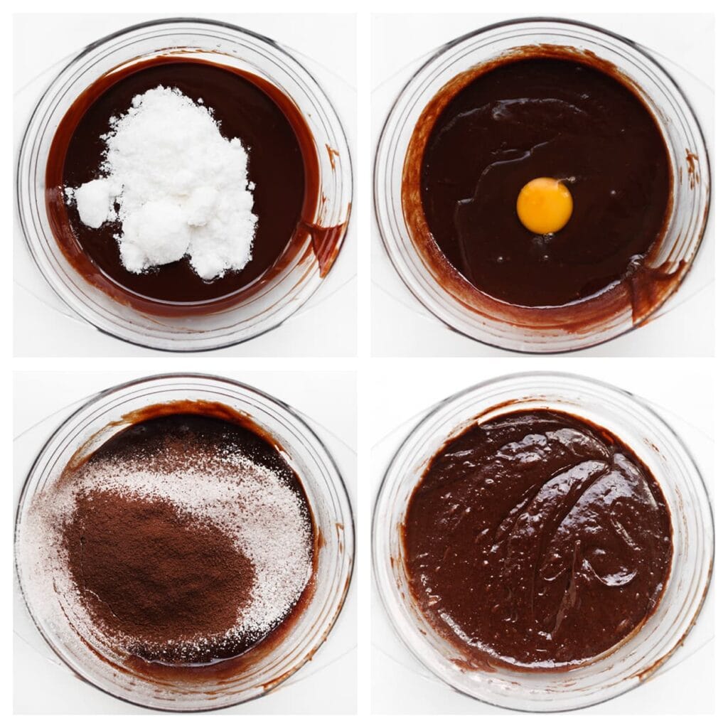 Smelt de roomboter (125 g) samen met de pure chocolade au bain-marie. Laat het mengsel afkoelen. Voeg de witte basterdsuiker, vanillesuiker en het zout toe aan de gesmolten chocolade en meng goed. Voeg het ei en eigeel toe en mix tot een glad geheel. Zeef de bloem en het cacaopoeder boven de kom en meng dit door het chocolademengsel tot een glad beslag.