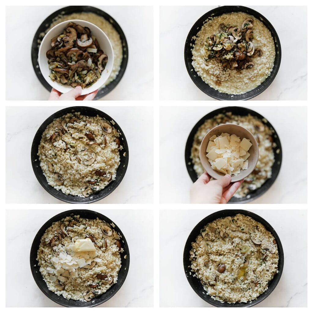 Voeg het champignonmengsel toe aan de risotto en meng goed door. Voeg vervolgens de Parmezaanse kaas en roomboter toe en roer totdat alles mooi is gesmolten en de risotto een romige textuur heeft.