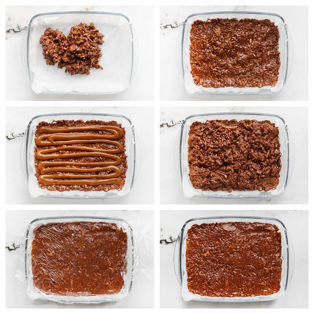 Verdeel de helft van het koekjesmengsel over een schaal en druk het stevig aan. Spuit 150 g karamelsaus er gelijkmatig over. Bedek met de rest van het koekjesmengsel en strijk de bovenkant glad. Gebruik huishoudfolie om het stevig aan te drukken. Laat minstens 4-5 uur opstijven in de koelkast, bij voorkeur een nacht.