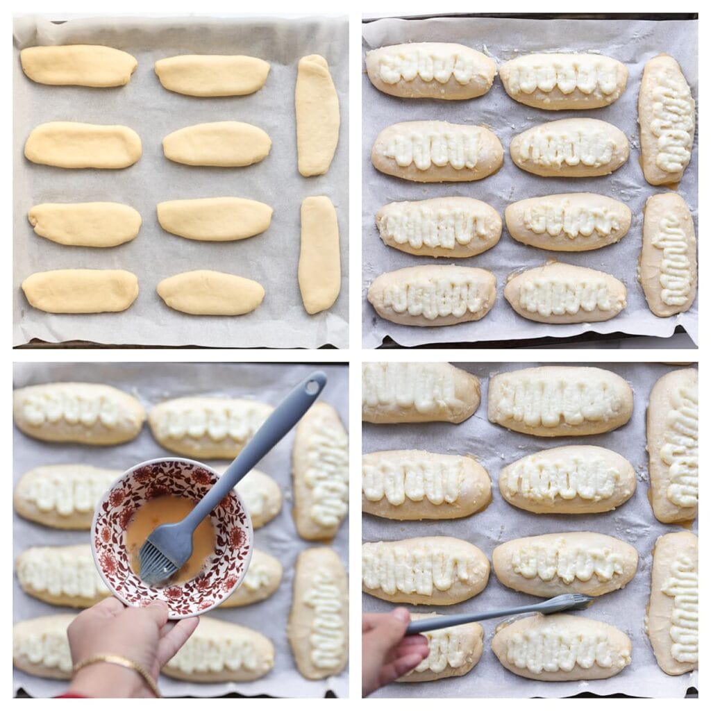 Leg het deeg op een bakplaat bekleed met bakpapier. Spuit een dunne laag vanillepudding op de bovenkant van elk broodje. Bestrijk de zijkanten met geklutst ei. Laat de broodjes nog 30 minuten rijzen op een warme plek, of tot ze in formaat zijn verdubbeld.