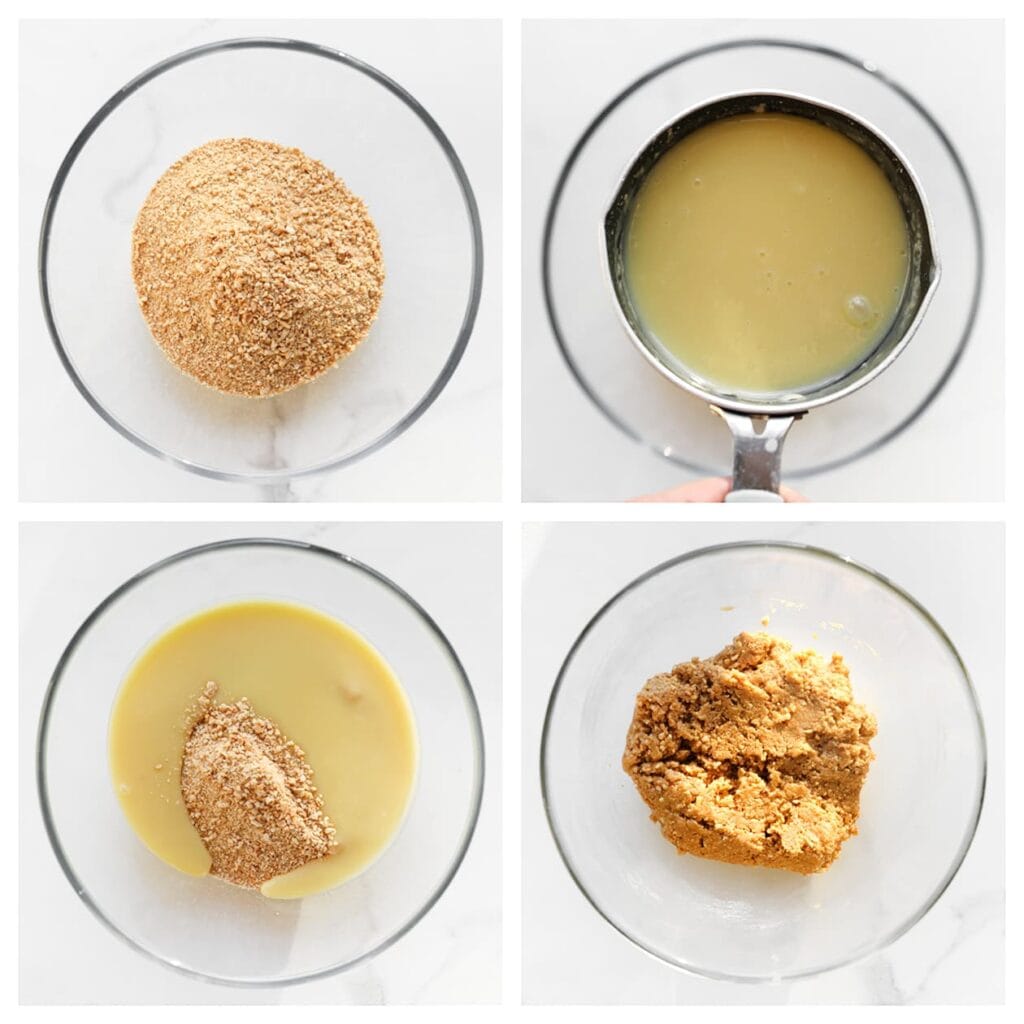 Doe de gemalen mariakoekjes, macadamianoten en de witte chocoladeganache in een diepe kom. Meng alles goed door elkaar tot een samenhangend deeg.