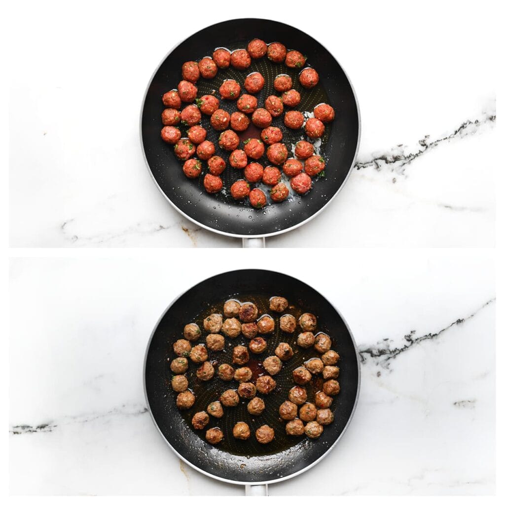 Verhit de olijfolie en roomboter in een koekenpan op middelhoog vuur. Bak de gehaktballen rondom goudbruin en gaar.