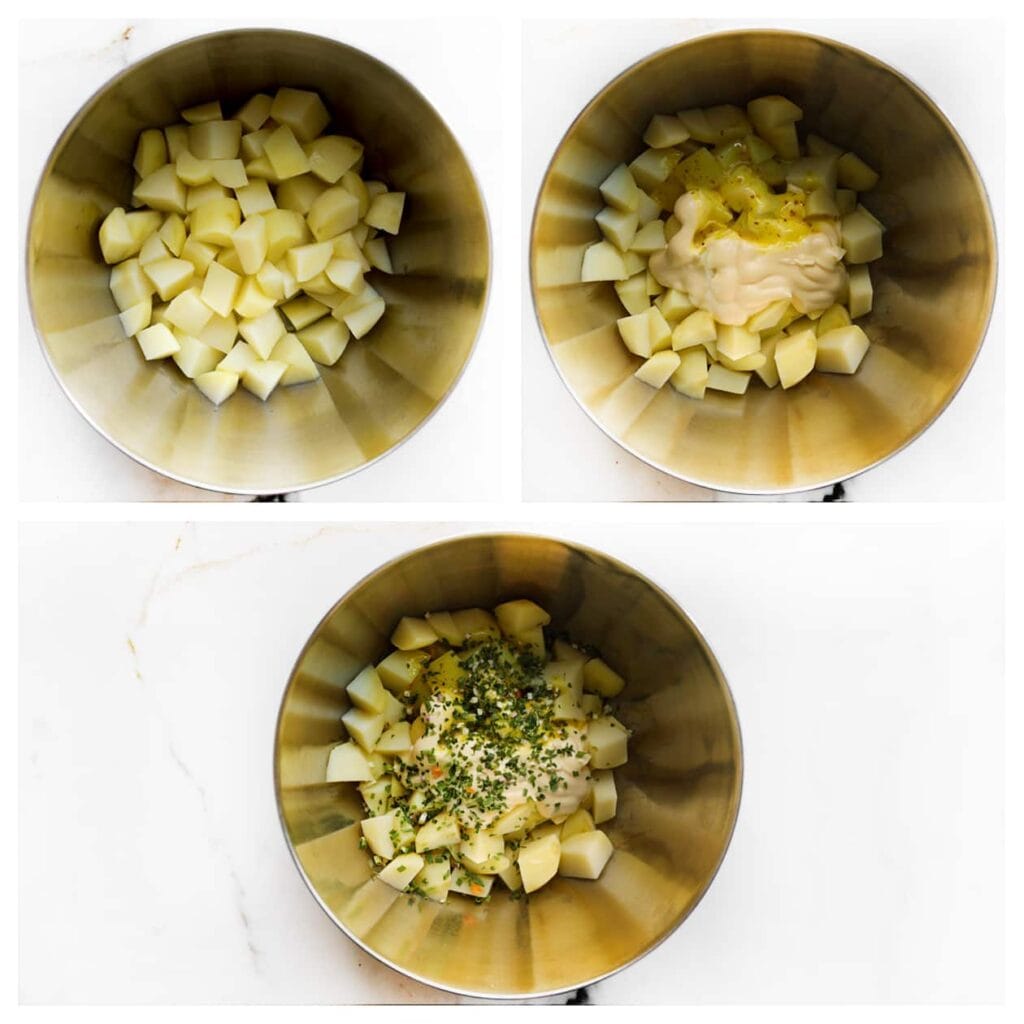 Doe de helft van de aardappelblokjes in een kom. Voeg mayonaise, honing-mosterdsaus, zwarte peper en zout toe. Meng goed door.