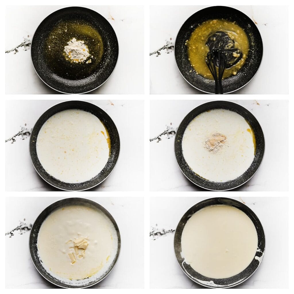 Smelt de roomboter in een pan met dikke bodem op laag vuur. Voeg de bloem toe en roer 1 minuut door met een garde. Schenk de melk erbij en voeg zout, uienpoeder, knoflookpoeder en zwarte peper toe. Roer goed door totdat de saus dikker wordt. Voeg dan de Parmezaanse kaas toe en blijf roeren totdat de saus glad is.