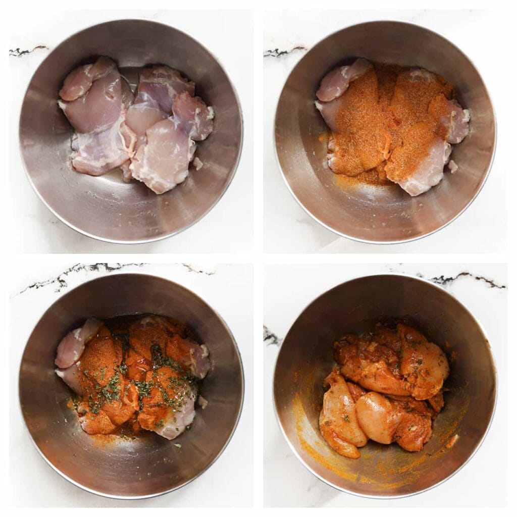 Doe de kippendijen in een kom en voeg de helft van het kruidenmengsel, de gedroogde peterselie en de olijfolie toe. Meng goed en laat marineren terwijl je de andere stappen voorbereidt.