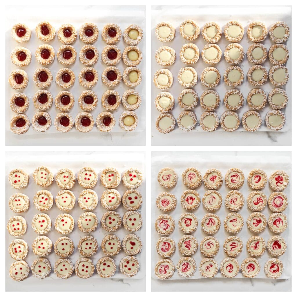 Vul elk gat met een laagje frambozenmengsel. Schenk daarover de gesmolten witte chocolade. Spuit tot slot een klein beetje frambozensap op elk koekje en maak met een tandenstoker een decoratief patroon. Leg de frambozen-macadamiakoekjes afgedekt in de koelkast en laat ze opstijven, bij voorkeur een nachtje.