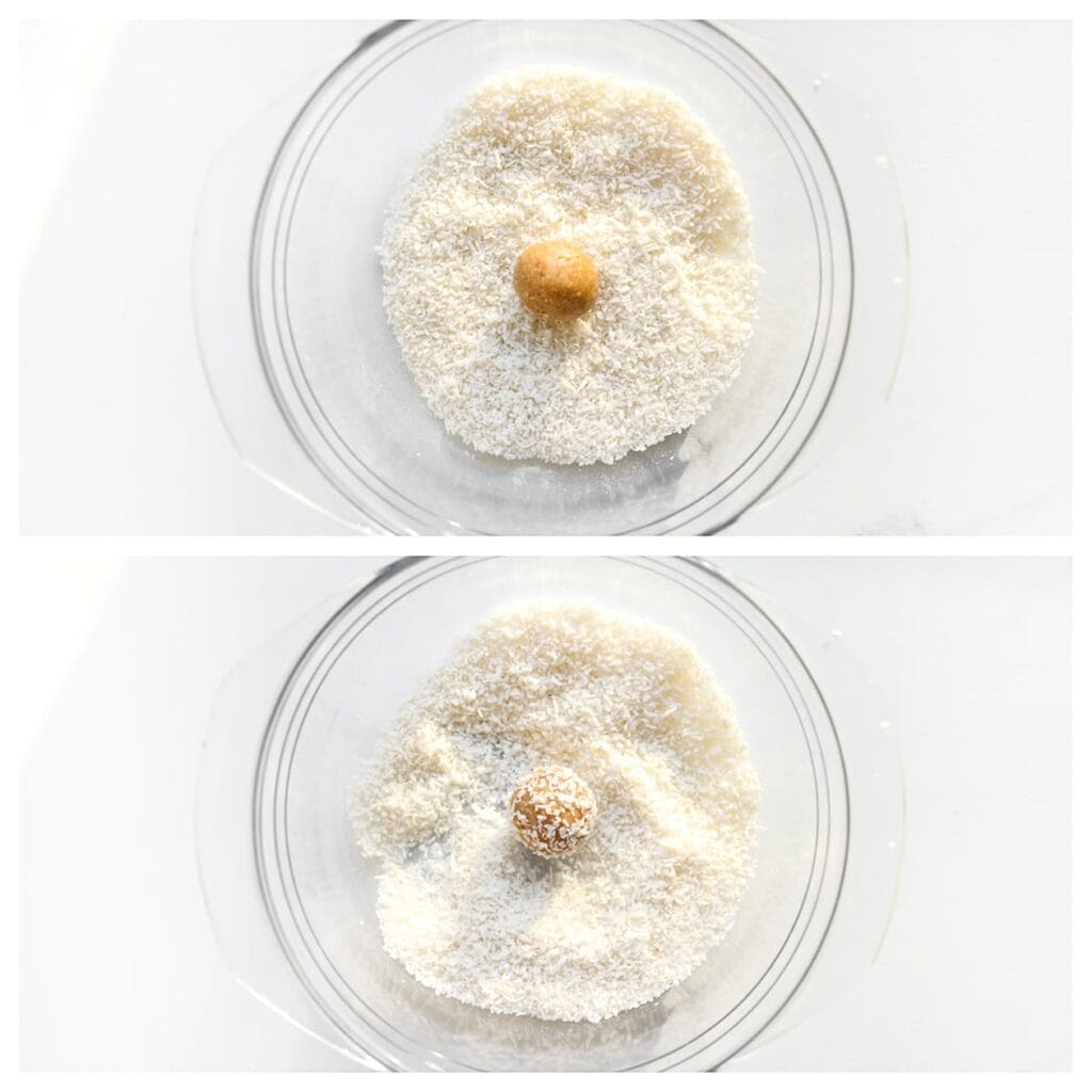 Doe wat geraspte kokos op een bord. Rol elk bolletje door de geraspte kokos totdat het volledig bedekt is.