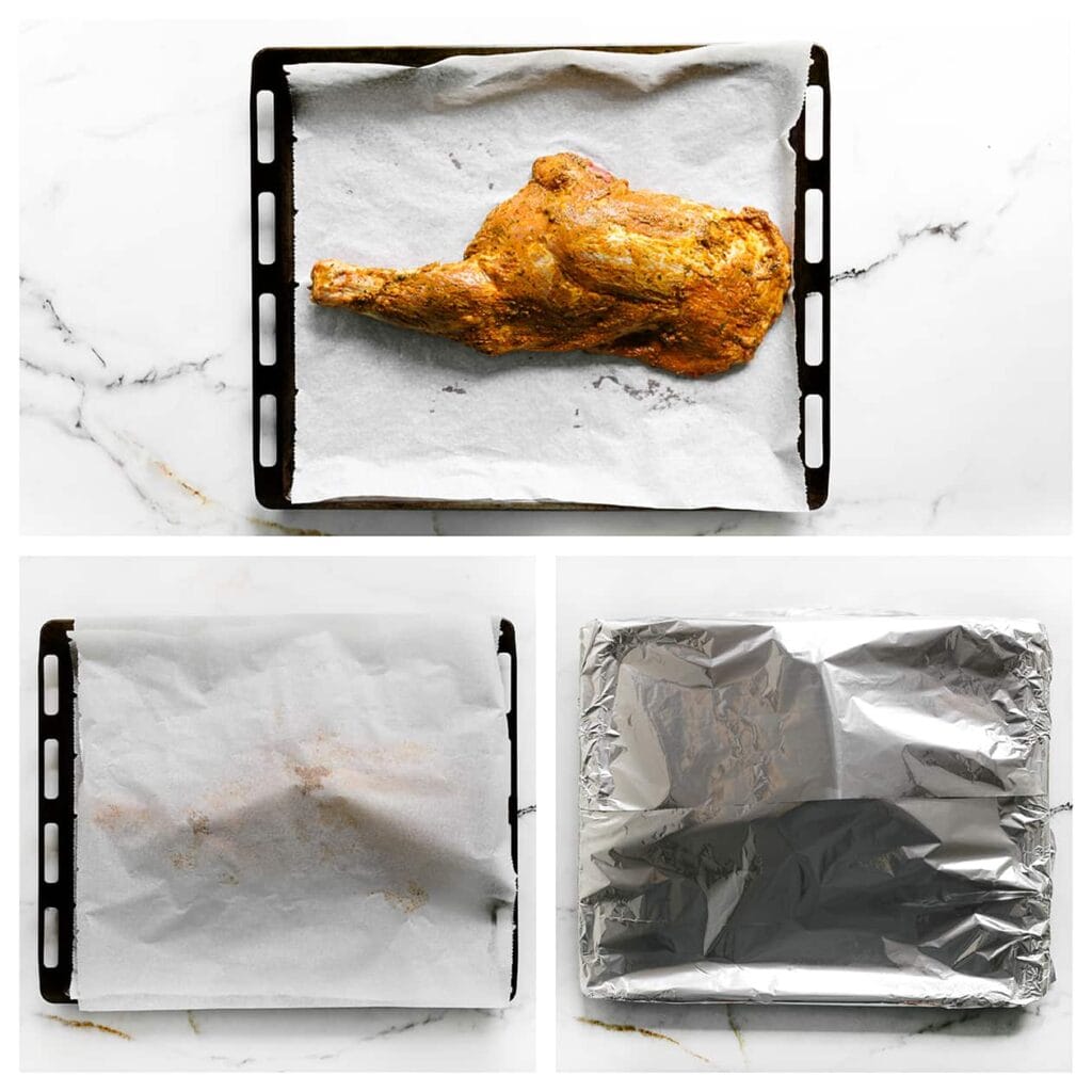 Verwarm de oven voor op 250 ℃. Leg de lamschouder op een bakplaat bekleed met bakpapier, wikkel in bakpapier en dek af met aluminiumfolie. Bak 2 tot 2,5 uur, tot de lamschouder mals is.