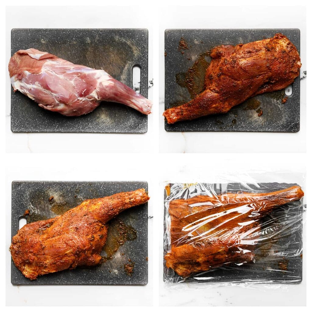 Smeer de lamschouder royaal in met het kruidenmengsel. Dek af met huishoudfolie en laat enkele uren in de koelkast marineren, zodat de smaken goed kunnen intrekken.