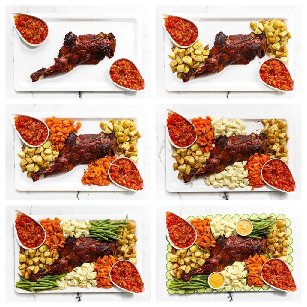 Haal de lamschouder uit de oven en leg op een grote schaal. Bestrijk met de rest van de sticky saus. Serveer met charmilla, gebakken aardappels, wortelsalade, romige aardappels, sperziebonen en plakjes komkommer.