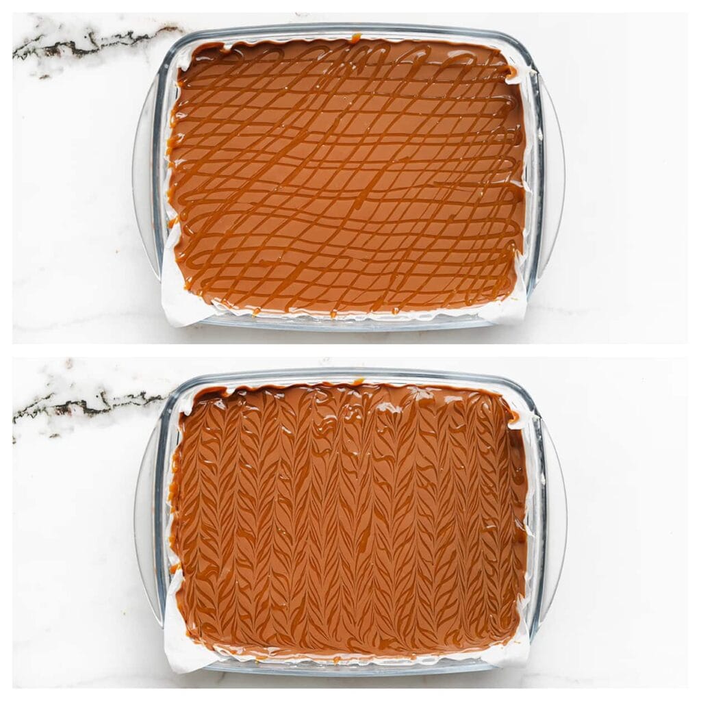 Gebruik een tandenstoker of satéprikker om een mooi patroon te maken in de karamel en chocolade. Dek af en laat de topping in de koelkast uitharden.