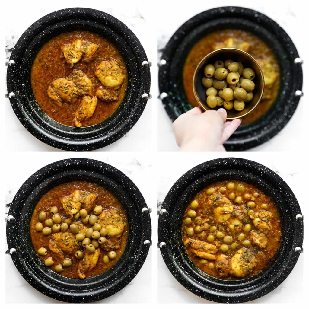 Verwijder de laurierblaadjes en voeg de groene olijven toe. Laat het geheel nog 5-7 minuten sudderen zonder deksel, zodat de smaken goed kunnen mengen.