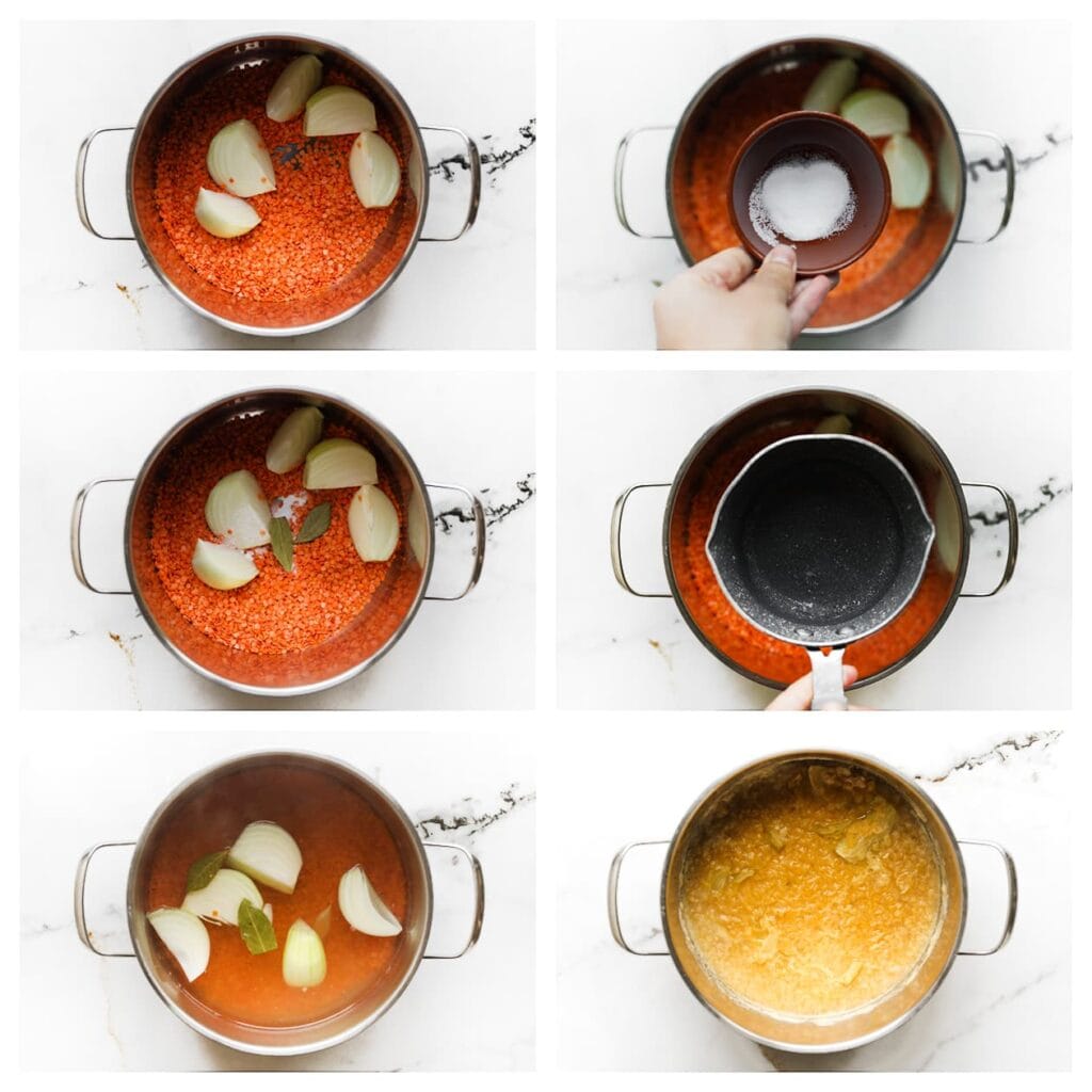 Doe de rode linzen, grofgesneden gele ui, zout en laurierblaadjes in een pan. Voeg het hete water toe, meng goed, en kook het geheel 25-30 minuten tot de linzen zacht zijn.