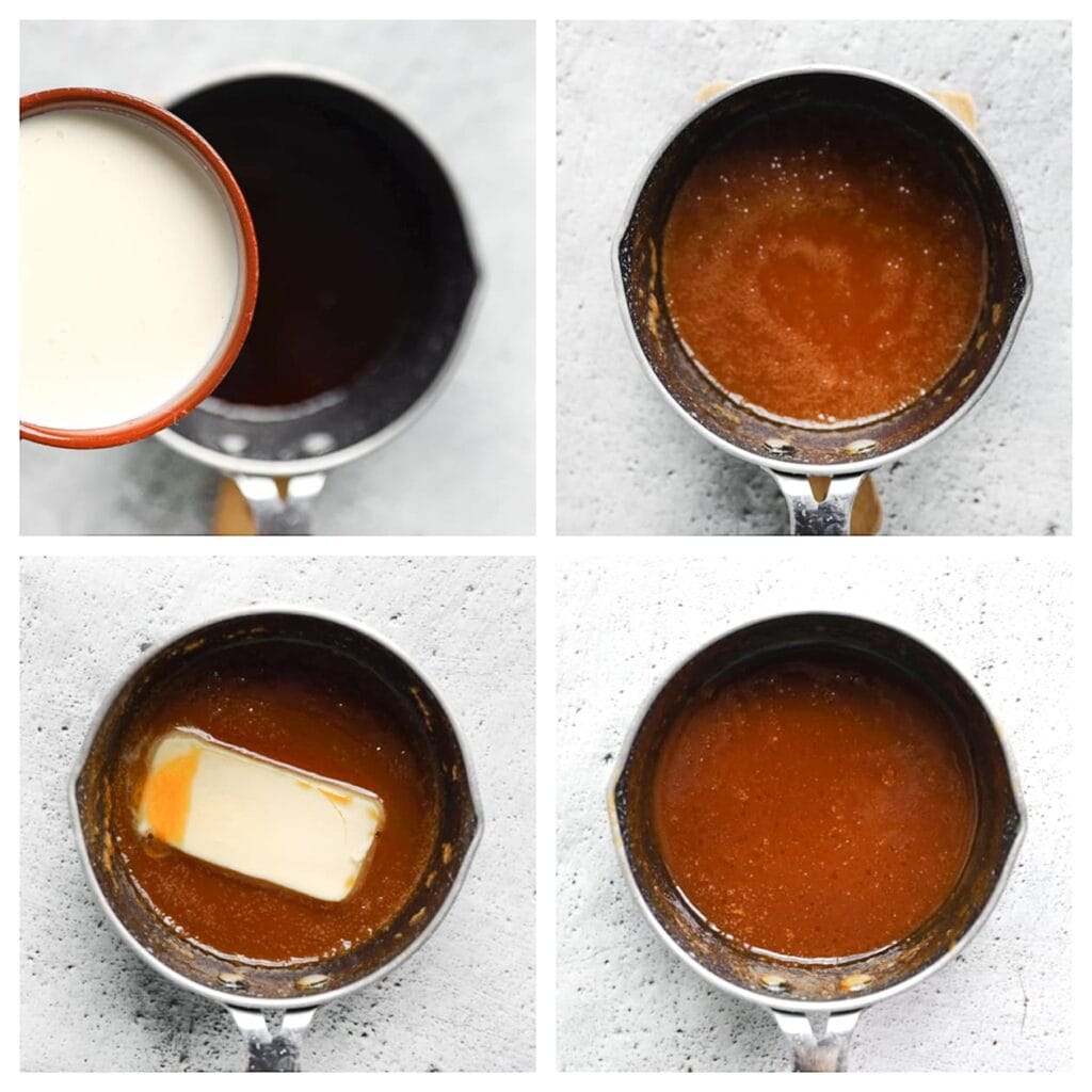 Haal de pan van het vuur en voeg al roerend de ongeklopte slagroom en roomboter toe. Dit kan even bruisen, dus werk voorzichtig. Blijf roeren tot je een gladde, romige karamel hebt. Laat de karamel daarna op kamertemperatuur komen.