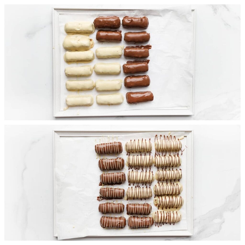 Plaats de bars op een rooster of bakplaat bekleed met bakpapier. Laat de chocolade uitharden. Voor een decoratief effect kun je optioneel chocoladelijntjes over de bars spuiten.