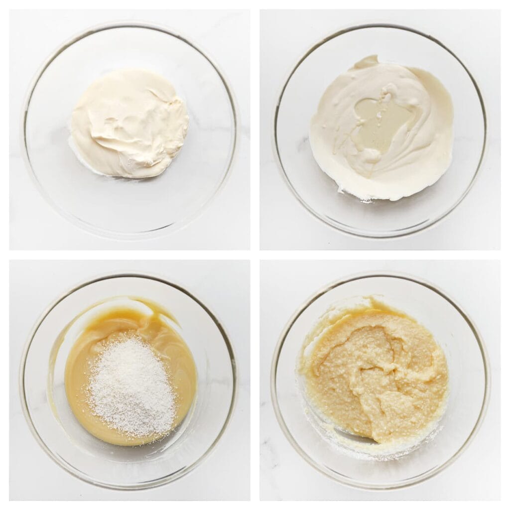 Doe de mascarpone in een kom en meng dit met de afgekoelde witte chocolade. Voeg de geraspte kokos toe en roer tot een egaal mengsel.