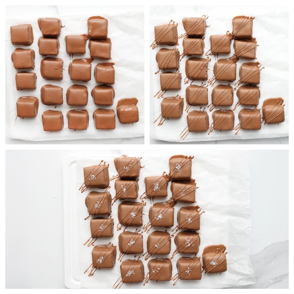 Leg ze op een vel bakpapier. Garneer door er fijne lijntjes chocolade overheen te spuiten en bestrooi eventueel met extra geraspte kokos. Laat de chocolade volledig uitharden.